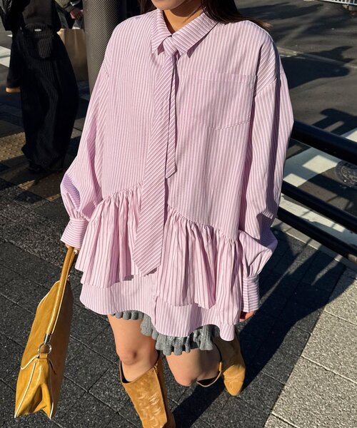 CIAOPANIC(チャオパニック)の「ネクタイ付きティアードチュニックシャツワンピース(シャツ/ブラウス・レディース・ブルー/サックスブルー/イエロー/グリーン/ホワイト/ピンク/ベージュ・ONE SIZE)」の7枚目の写真