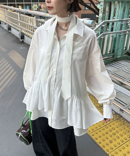 CIAOPANIC（チャオパニック）の「ネクタイ付きティアードチュニックシャツワンピース（シャツ/ブラウス・レディース・ブルー/サックスブルー/イエロー/グリーン/ホワイト/ピンク/ベージュ・ONE SIZE）」の9枚目の写真