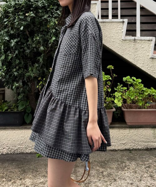 長袖/半袖展開】ネクタイ付きティアードチュニックシャツワンピース 
