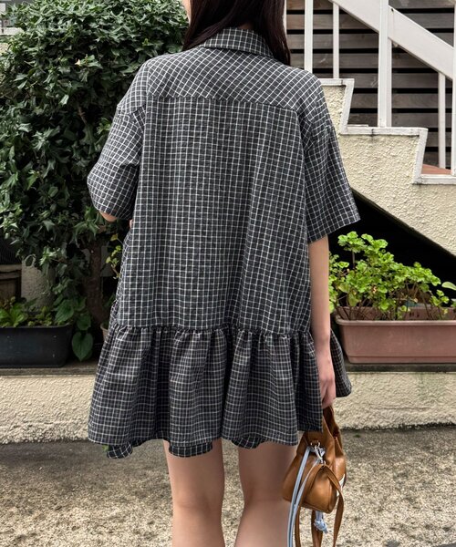 長袖/半袖展開】ネクタイ付きティアードチュニックシャツワンピース 