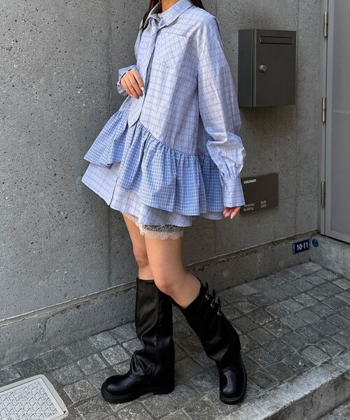 CIAOPANIC(チャオパニック)の「ネクタイ付きティアードチュニックシャツワンピース(シャツ/ブラウス・レディース・ブルー/サックスブルー/イエロー/グリーン/ホワイト/ピンク/ベージュ・ONE SIZE)」の8枚目の写真