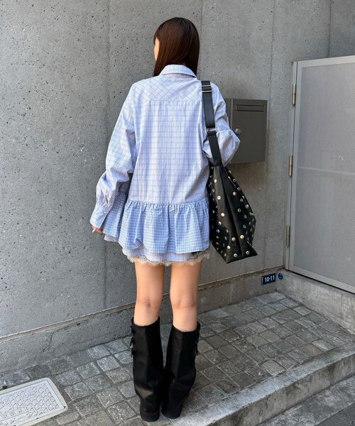 CIAOPANIC(チャオパニック)の「ネクタイ付きティアードチュニックシャツワンピース(シャツ/ブラウス・レディース・ブルー/サックスブルー/イエロー/グリーン/ホワイト/ピンク/ベージュ・ONE SIZE)」の9枚目の写真