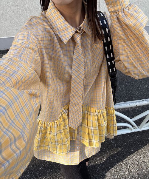 CIAOPANIC(チャオパニック)の「ネクタイ付きティアードチュニックシャツワンピース(シャツ/ブラウス・レディース・ブルー/サックスブルー/イエロー/グリーン/ホワイト/ピンク/ベージュ・ONE SIZE)」の17枚目の写真