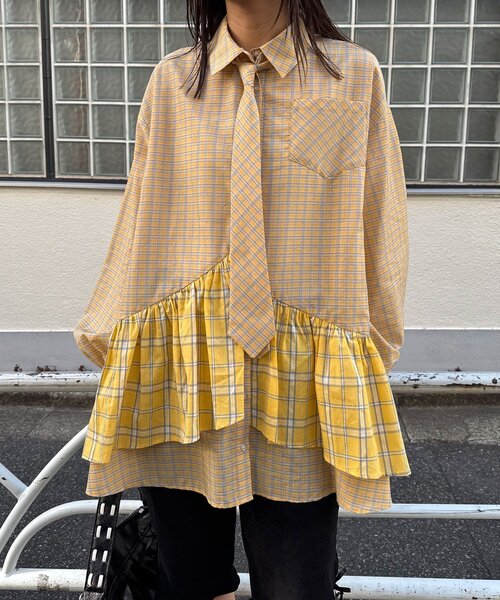 CIAOPANIC(チャオパニック)の「ネクタイ付きティアードチュニックシャツワンピース(シャツ/ブラウス・レディース・ブルー/サックスブルー/イエロー/グリーン/ホワイト/ピンク/ベージュ・ONE SIZE)」の18枚目の写真