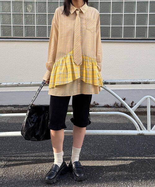 CIAOPANIC(チャオパニック)の「ネクタイ付きティアードチュニックシャツワンピース(シャツ/ブラウス・レディース・ブルー/サックスブルー/イエロー/グリーン/ホワイト/ピンク/ベージュ・ONE SIZE)」の21枚目の写真