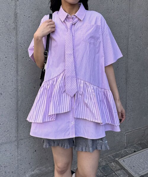 CIAOPANIC（チャオパニック）の「【長袖/半袖展開】ネクタイ付きティアードチュニックシャツワンピース（シャツ/ブラウス・レディース・ブルー/サックスブルー/イエロー/グリーン/ホワイト/ピンク/ベージュ/グレー/ベージュ系その他/ブラック・ONE SIZE/0）」の22枚目の写真