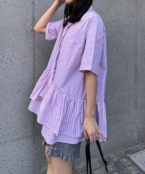 CIAOPANIC（チャオパニック）の「【長袖/半袖展開】ネクタイ付きティアードチュニックシャツワンピース（シャツ/ブラウス・レディース・ブルー/サックスブルー/イエロー/グリーン/ホワイト/ピンク/ベージュ/グレー/ベージュ系その他/ブラック・ONE SIZE/0）」の21枚目の写真