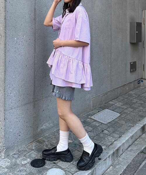 CIAOPANIC（チャオパニック）の「【長袖/半袖展開】ネクタイ付きティアードチュニックシャツワンピース（シャツ/ブラウス・レディース・ブルー/サックスブルー/イエロー/グリーン/ホワイト/ピンク/ベージュ/グレー/ベージュ系その他/ブラック・ONE SIZE/0）」の18枚目の写真