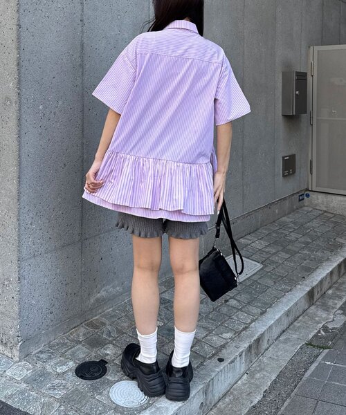 CIAOPANIC（チャオパニック）の「【長袖/半袖展開】ネクタイ付きティアードチュニックシャツワンピース（シャツ/ブラウス・レディース・ブルー/サックスブルー/イエロー/グリーン/ホワイト/ピンク/ベージュ/グレー/ベージュ系その他/ブラック・ONE SIZE/0）」の17枚目の写真
