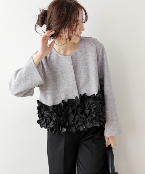 AMELY(エミリー)の「フリルヘム ノーカラージャケット(ノーカラージャケット・レディース・ブラック/グレー/ベージュ・フリー)」の12枚目の写真