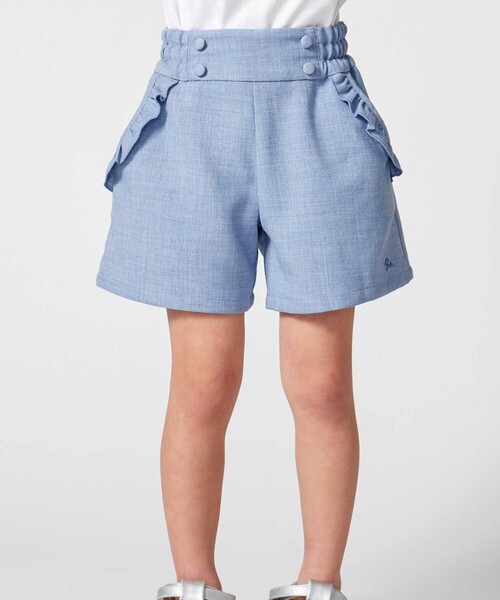 BeBe(ベベ)の「リネン調キャンバスポケットフリルショートパンツ(90~160cm)(その他パンツ・キッズ・ブルー/ベージュ・140cm/150cm/130cm/120cm)」の1枚目の写真