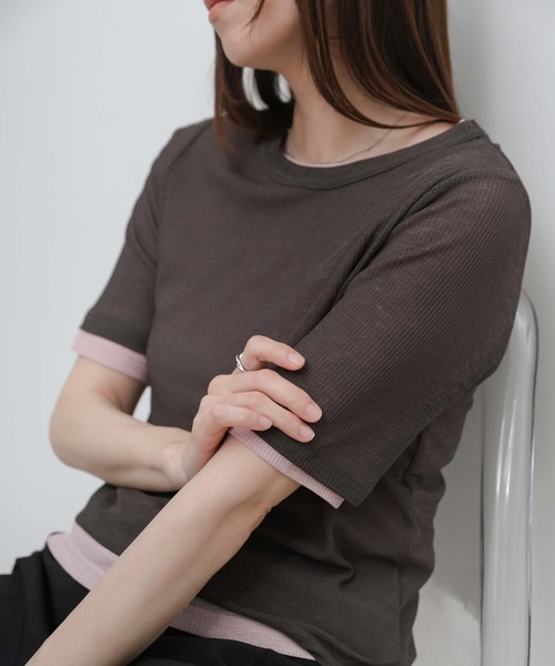 select MOCA（セレクトモカ）の「シアーテレコレイヤードＴシャツ（Tシャツ/カットソー・レディース・オフホワイト/チャコールグレー/ブラック・FREE）」の3枚目の写真