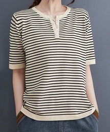ボーダースリットネック×ヘンリーネックTシャツ