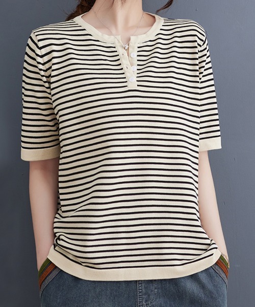ONEP STAR(ワンピスター)の「ボーダースリットネック×ヘンリーネックTシャツ(Tシャツ/カットソー・レディース・ベージュ/オレンジ/ブラック・FREE)」の1枚目の写真