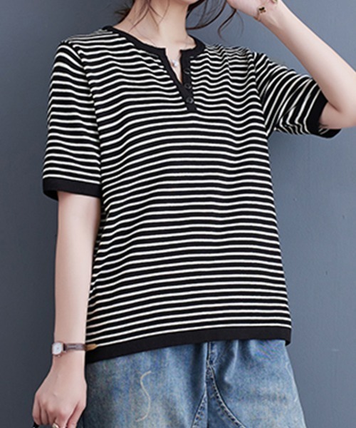 ONEP STAR(ワンピスター)の「ボーダースリットネック×ヘンリーネックTシャツ(Tシャツ/カットソー・レディース・ベージュ/オレンジ/ブラック・FREE)」の2枚目の写真