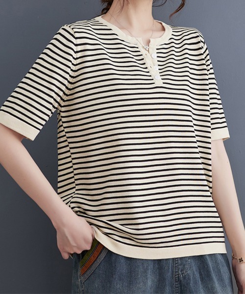 ONEP STAR(ワンピスター)の「ボーダースリットネック×ヘンリーネックTシャツ(Tシャツ/カットソー・レディース・ベージュ/オレンジ/ブラック・FREE)」の4枚目の写真