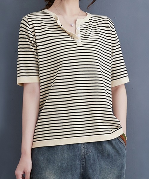 ONEP STAR(ワンピスター)の「ボーダースリットネック×ヘンリーネックTシャツ(Tシャツ/カットソー・レディース・ベージュ/オレンジ/ブラック・FREE)」の5枚目の写真