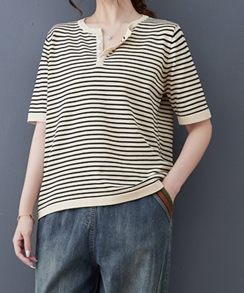 ONEP STAR(ワンピスター)の「ボーダースリットネック×ヘンリーネックTシャツ(Tシャツ/カットソー・レディース・ベージュ/オレンジ/ブラック・FREE)」の7枚目の写真