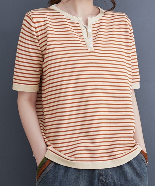ONEP STAR(ワンピスター)の「ボーダースリットネック×ヘンリーネックTシャツ(Tシャツ/カットソー・レディース・ベージュ/オレンジ/ブラック・FREE)」の8枚目の写真