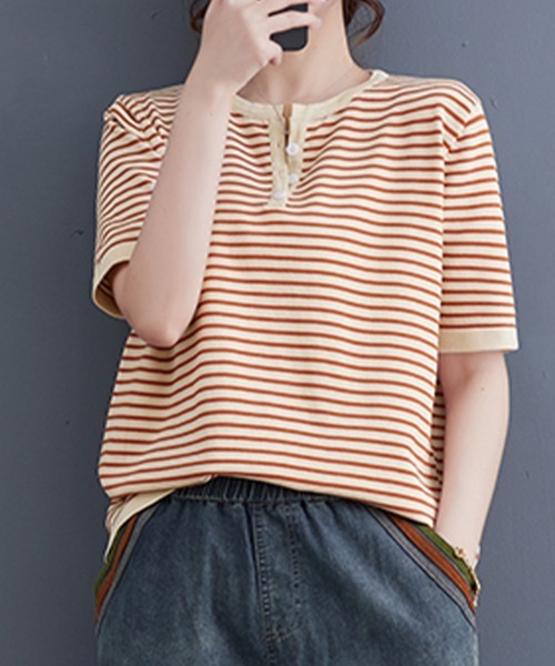 ONEP STAR(ワンピスター)の「ボーダースリットネック×ヘンリーネックTシャツ(Tシャツ/カットソー・レディース・ベージュ/オレンジ/ブラック・FREE)」の9枚目の写真