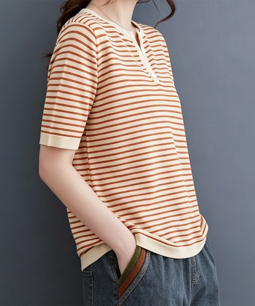 ONEP STAR(ワンピスター)の「ボーダースリットネック×ヘンリーネックTシャツ(Tシャツ/カットソー・レディース・ベージュ/オレンジ/ブラック・FREE)」の10枚目の写真