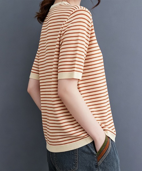 ONEP STAR(ワンピスター)の「ボーダースリットネック×ヘンリーネックTシャツ(Tシャツ/カットソー・レディース・ベージュ/オレンジ/ブラック・FREE)」の11枚目の写真