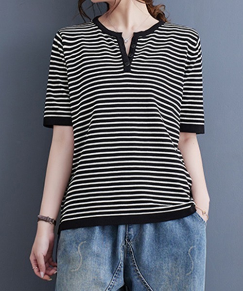 ONEP STAR(ワンピスター)の「ボーダースリットネック×ヘンリーネックTシャツ(Tシャツ/カットソー・レディース・ベージュ/オレンジ/ブラック・FREE)」の12枚目の写真