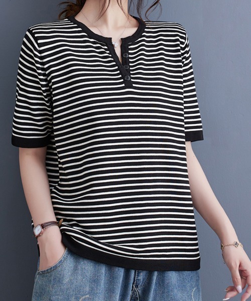 ONEP STAR(ワンピスター)の「ボーダースリットネック×ヘンリーネックTシャツ(Tシャツ/カットソー・レディース・ベージュ/オレンジ/ブラック・FREE)」の13枚目の写真
