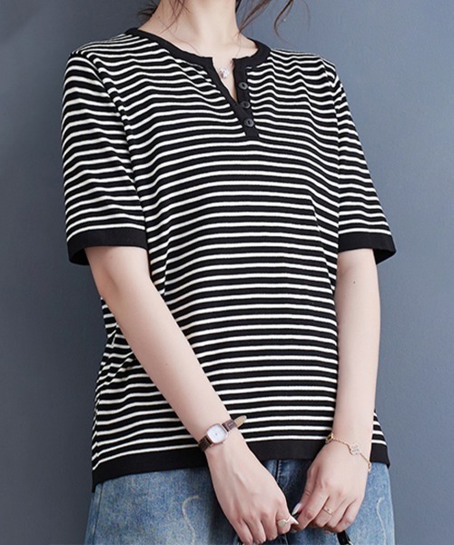 ONEP STAR(ワンピスター)の「ボーダースリットネック×ヘンリーネックTシャツ(Tシャツ/カットソー・レディース・ベージュ/オレンジ/ブラック・FREE)」の14枚目の写真