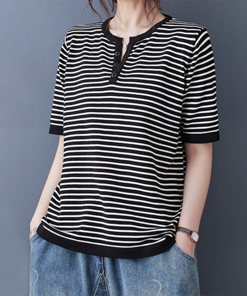 ONEP STAR(ワンピスター)の「ボーダースリットネック×ヘンリーネックTシャツ(Tシャツ/カットソー・レディース・ベージュ/オレンジ/ブラック・FREE)」の15枚目の写真