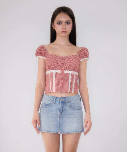 ROSEFRANTZ（ロゼフランツ）の「Check Shirring Crop Blouse [Red]（シャツ/ブラウス・レディース・レッド・SMALL/MEDIUM）」の2枚目の写真