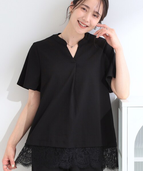 SHOO・LA・RUE（シューラルー）の「【S-LL/洗濯機可】軽凛(かろりん)ひんやり スキッパー裾レースブラウス（シャツ/ブラウス・レディース・ライトベージュ/ブラック/ブラウン系その他/イエロー系その他・04/03/02/01）」の2枚目の写真