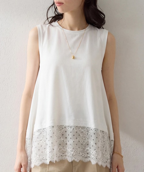 SETUP7(セットアップセブン)の「【SETUP7】裾レース イレヘム ノースリ プルオーバー SPD(Tシャツ/カットソー・レディース・オフホワイト/ブラック・FREE)」の2枚目の写真