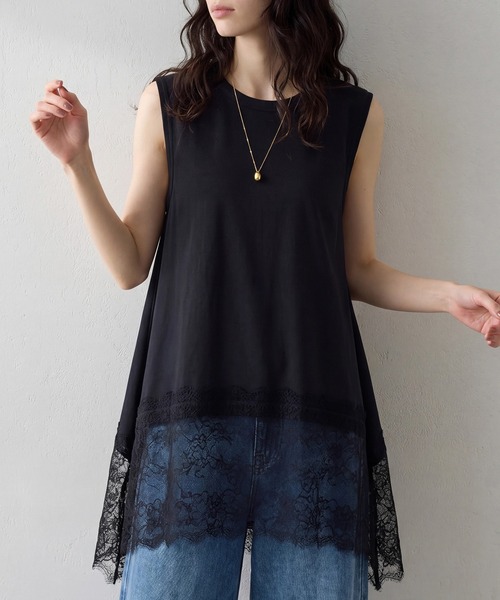 SETUP7(セットアップセブン)の「【SETUP7】裾レース イレヘム ノースリ プルオーバー SPD(Tシャツ/カットソー・レディース・オフホワイト/ブラック・FREE)」の1枚目の写真