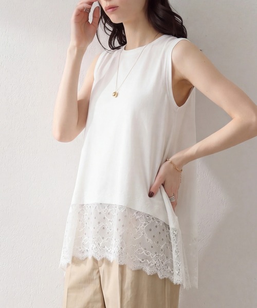 SETUP7(セットアップセブン)の「【SETUP7】裾レース イレヘム ノースリ プルオーバー SPD(Tシャツ/カットソー・レディース・オフホワイト/ブラック・FREE)」の3枚目の写真