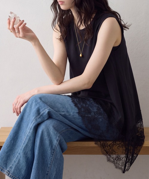 SETUP7(セットアップセブン)の「【SETUP7】裾レース イレヘム ノースリ プルオーバー SPD(Tシャツ/カットソー・レディース・オフホワイト/ブラック・FREE)」の6枚目の写真