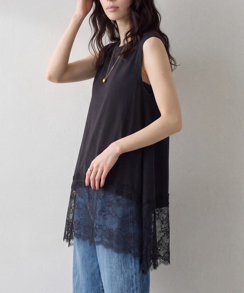 SETUP7(セットアップセブン)の「【SETUP7】裾レース イレヘム ノースリ プルオーバー SPD(Tシャツ/カットソー・レディース・オフホワイト/ブラック・FREE)」の5枚目の写真