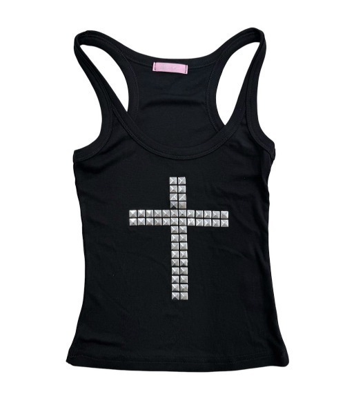 Never mind the XU / Chikashitsu+(ネバーマインド ザ エックスユー / チカシツプラス)の「【nmtc+】Cross Studded Slim Tank top / 【エヌエムティーシープラス】クロススタッズスリムタンクトップ(タンクトップ・レディース・ブラック/ホワイト・ONE SIZE)」の6枚目の写真
