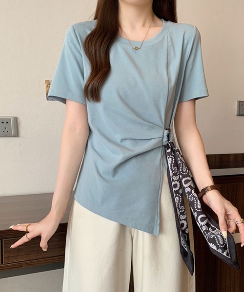2ly2(トゥーリートゥー)の「アシンメトリードレープトップス / スカーフデザイン 半袖カットソー(Tシャツ/カットソー・レディース・ホワイト/ブルー/ブラック/ネイビー・FREE)」の10枚目の写真