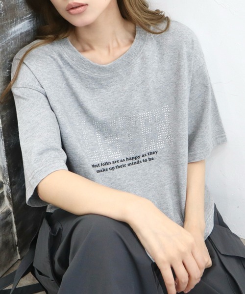 CECIL McBEE(セシルマクビー)の「ラインストーン付きプリント短丈Tシャツ(Tシャツ/カットソー・レディース・杢グレー/チャコールグレー/ピンク・MEDIUM/LARGE)」の2枚目の写真