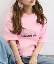 ラインストーン付きプリント短丈Tシャツ