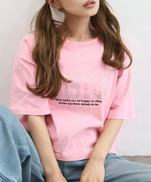 CECIL McBEE(セシルマクビー)の「ラインストーン付きプリント短丈Tシャツ(Tシャツ/カットソー・レディース・杢グレー/チャコールグレー/ピンク・MEDIUM/LARGE)」の3枚目の写真