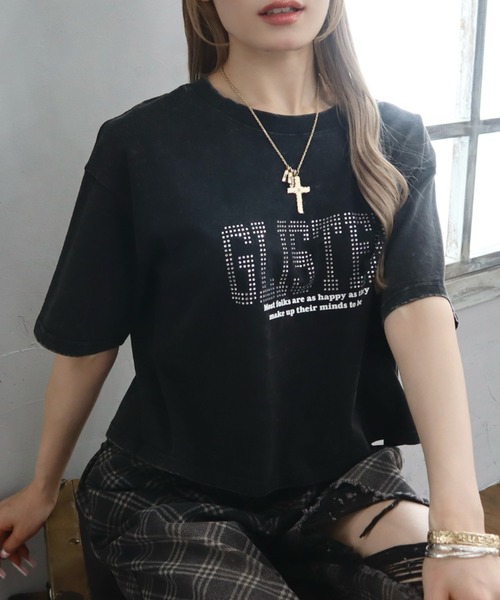 CECIL McBEE(セシルマクビー)の「ラインストーン付きプリント短丈Tシャツ(Tシャツ/カットソー・レディース・杢グレー/チャコールグレー/ピンク・MEDIUM/LARGE)」の1枚目の写真