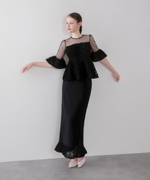【LEJA】チュールフリルジャガードペプラムセットアップドレスワンピース美脚効果結婚式 パーティードレス 成人式 二次会 同窓会 お呼ばれ オケージョン 20代 30代