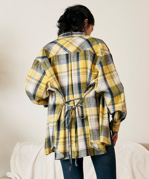 RIKKA FEMME(リッカファム)の「RIKKA FEMME/リッカファム 長袖 シャツ チェック柄 ネルシャツ ウエストリボン RF6F-2602(シャツ/ブラウス・レディース・カーキ/マスタード/ピンク・FREE)」の2枚目の写真