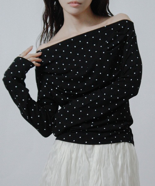 Social GIRL(ソーシャルガール)の「ドット オフショル カットソー Tシャツ トップス 長袖(Tシャツ/カットソー・レディース・オフホワイト/杢グレー/ブラック・M)」の2枚目の写真
