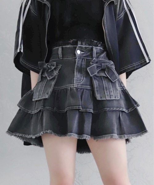 Whinny(ホワイニー)の「Whinny/【2026夏新作♪】やんちゃパーティースカート(デニムスカート・レディース・ブラック/ホワイト・FREE)」の1枚目の写真