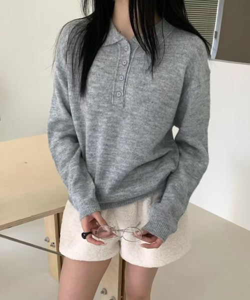 Girly Doll(ガーリードール)の「長袖ポロカラーニット(ニット/セーター・レディース・ピンク/ブルー/ホワイト/ライトグレー/ダークグレー・FREE)」の3枚目の写真