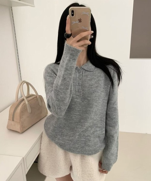 Girly Doll(ガーリードール)の「長袖ポロカラーニット(ニット/セーター・レディース・ピンク/ブルー/ホワイト/ライトグレー/ダークグレー・FREE)」の10枚目の写真