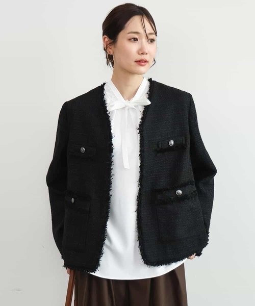 MK MICHEL KLEIN（エムケーミッシェルクラン）の「[洗える]Vネックファンシーツイードジャケット（ノーカラージャケット・レディース・ライトブルー/ブラック・38）」の3枚目の写真